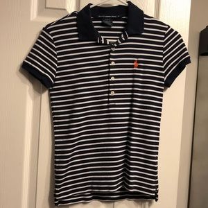 Navy blue and white striped polo shirt